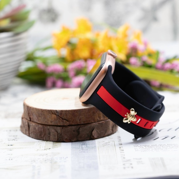 Apple Watch Band, Black and Red Stripes Silicone Strap w/ Bee Stud - Picture 2 of 5